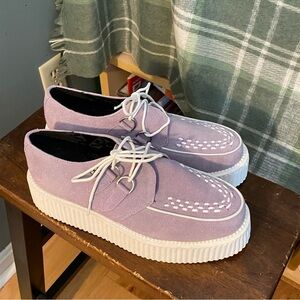 T.U.K. Mondo Sole Viva Creepers in lavender suede with white contrast. W9 M11